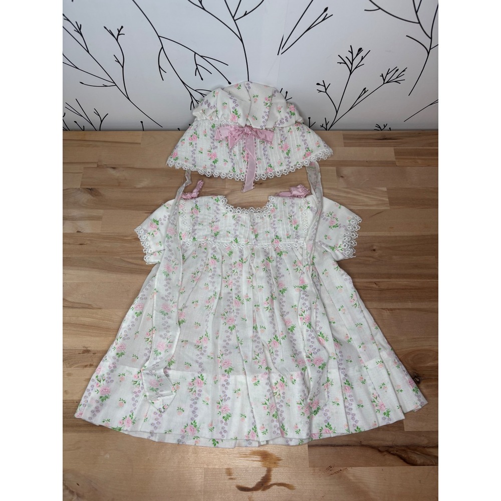 Vintage Betti Terrell Floral Dress and Bonnet Set 12-18 Months White Pink Lace